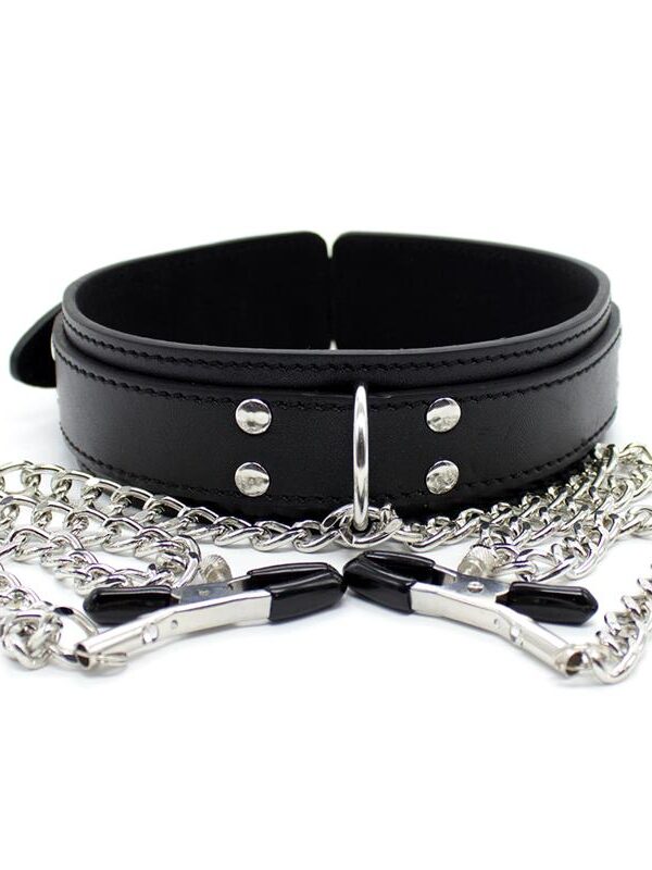 Collar con Pezoneras y Cadena de Metal Negro