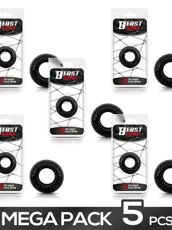 Pack 4+1 Anillo para el Pene Striped Súper Flexible/Resistente 1.9 cm Negro
