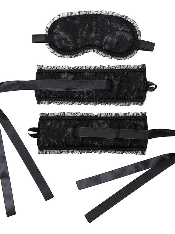 Rimba Bondage Play Esposas y Máscara Estilo Burlesque Color Negro