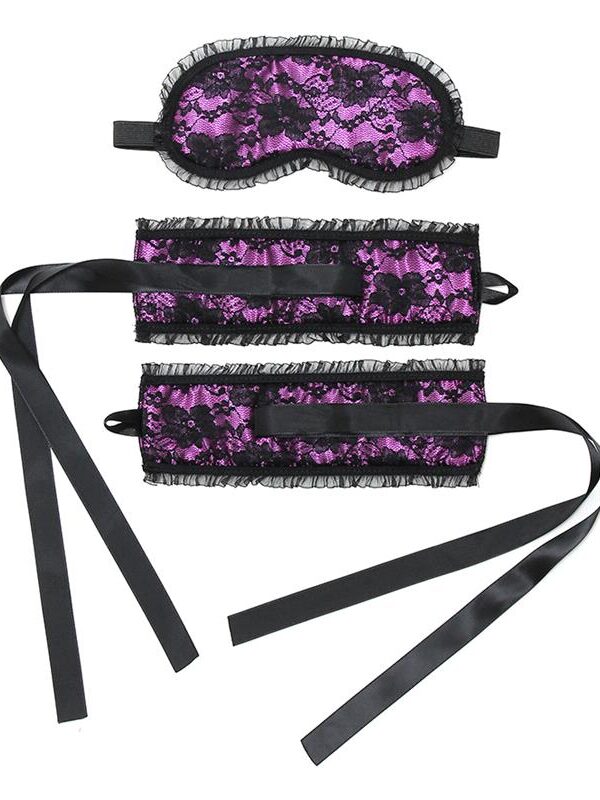 Rimba Bondage Play Esposas y Máscara Estilo Burlesque Color Púrpura