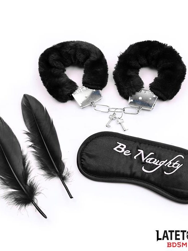 Set de 3 Piezas Antifaz, Esposas y Plumas Negro