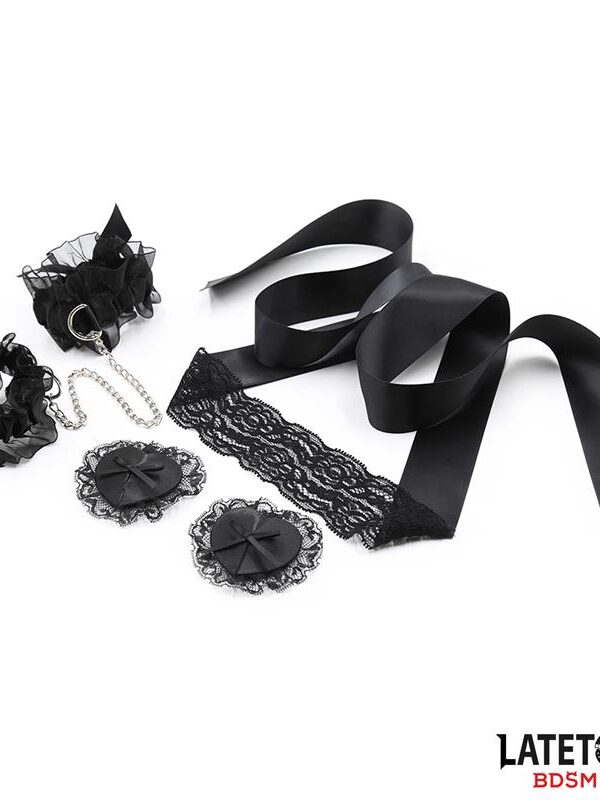 Set de 3 Piezas de Bondage Antifaz, Esposas y Pezoneras