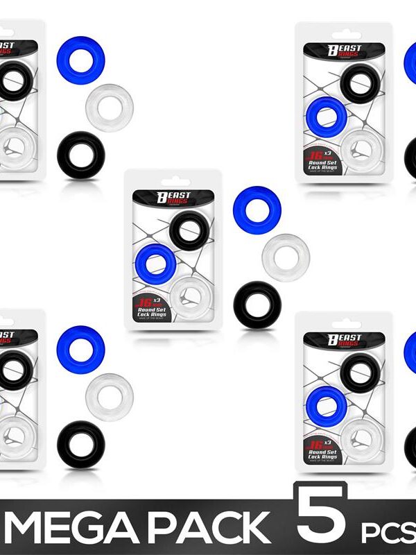 Pack 5 16mm Round Set of 3 Cock Rings 3 Col